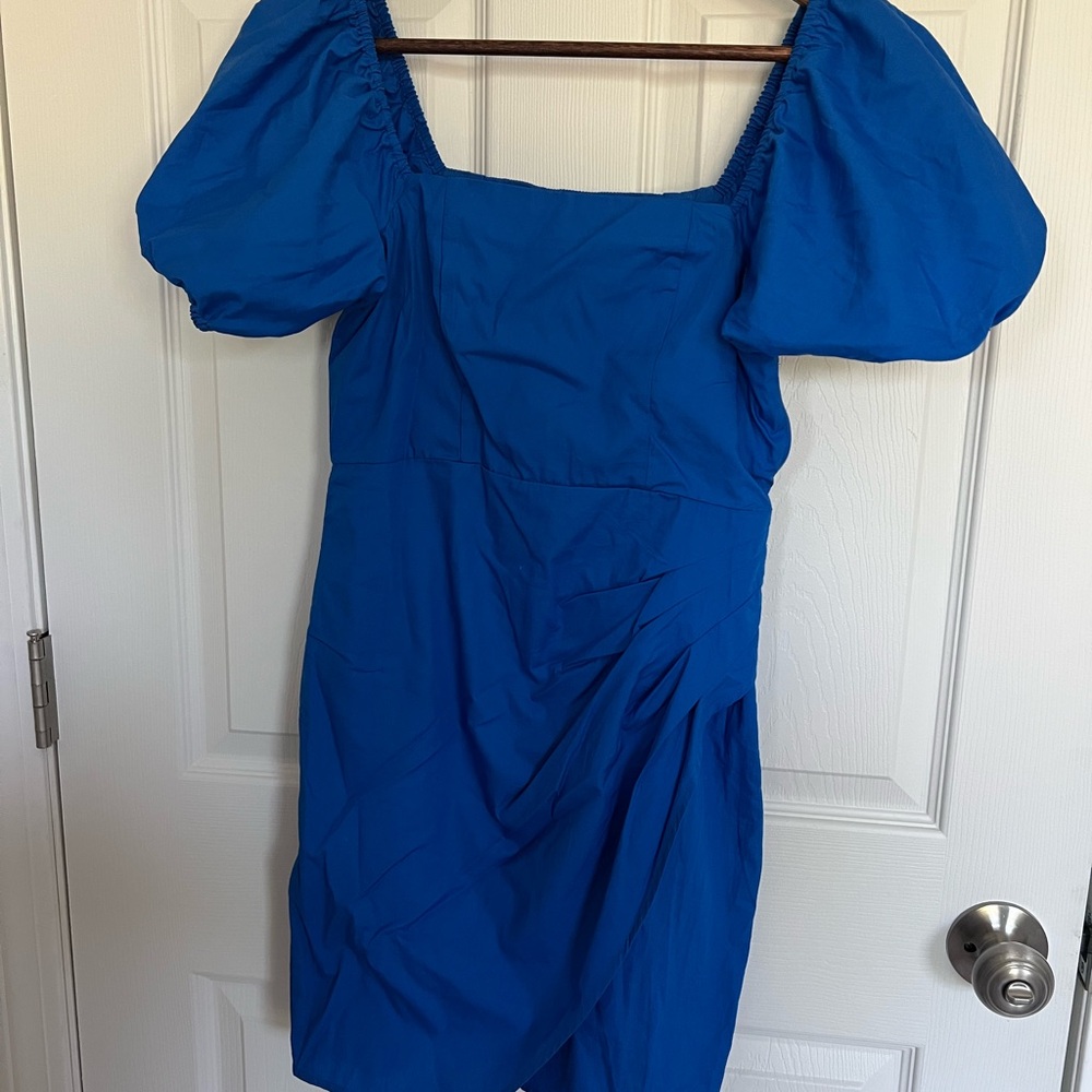 Mango Blue Mini Dress with Puff Sleeves